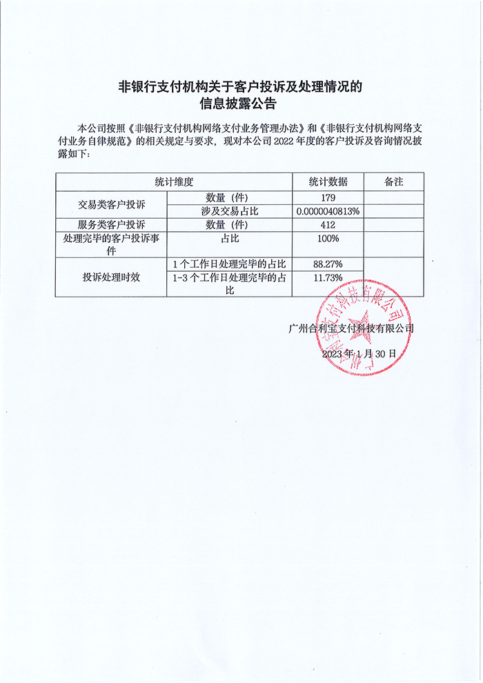 合利宝关于客户投诉及处理情况的信息披露公告